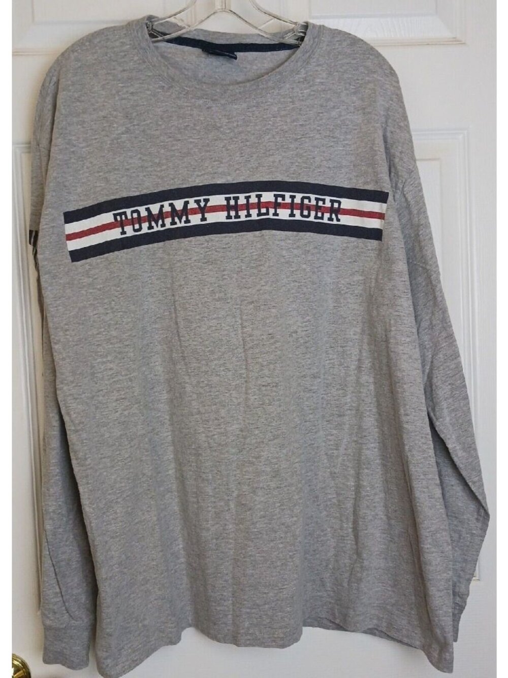 2002 Tommy Hilfiger Mens XL Logo Stripe SpellOut T-Shirt Long Sleeve Gray #B3
